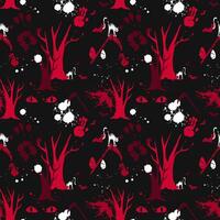 Halloween scary pattern on black background. Horror Happy Halloween seamless pattern with red handprint and paint splashes, dead trees and red eyes vector