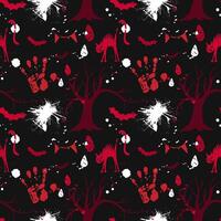 Happy Halloween scary pattern on black background. Horror Happy Halloween seamless pattern with red handprints and paint splashes, dead trees, bats, vampire teeth. Red and white colours vector