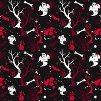 Spooky modern Halloween pattern on black background. Horror Happy Halloween seamless pattern with red handprint and paint splashes, dead tree and ghost. Red and white colours vector