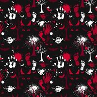 Spooky modern Halloween pattern on black background with red handprint and paint splashes, dead trees, evil eyes, footprints and spiders. Red and white colours vector