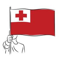 Scalable and editable eps Outline line stroke contour art of person hand fist holding national waving flag of Tonga vector