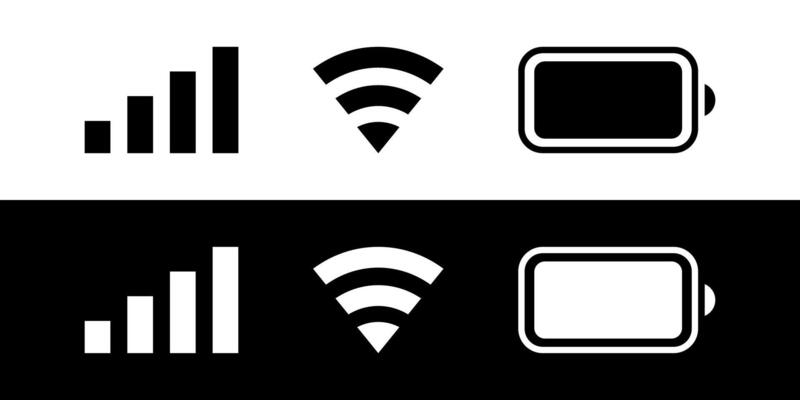 Notification bar wifi signal battery user interface icons. Black white icon set of phone ui illustration