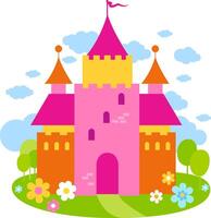 Fairy tale castle in the spring. Magical pink princess palace in a beautiful garden with flowers and trees. vector