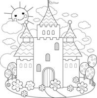 Fairy tale castle in the spring. Magical princess palace in a beautiful garden with flowers and trees. Black and white coloring page. vector