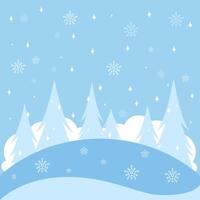 Winter landscape with fir trees in the snow. Snowy weather in cold season. Background seasonal design with forest in the snow, clear blue sky and snowfall. vector