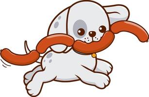 Happy dog running with sausages on his mouth, stealing food. Cute puppy pet chew on a string of sausages, playing and running away. vector