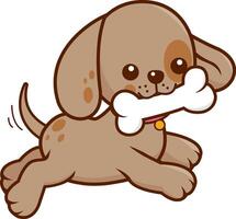 Dog running with a bone in his mouth. Cute puppy pet chew on a toy bone, playing and running. vector