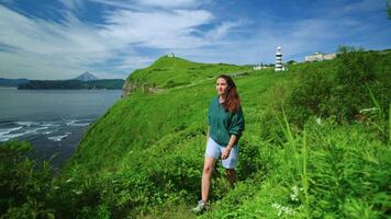 Hiking And Walking In Nature In Summertime, Young Adult Woman Strolling Alone On High Seacoast video