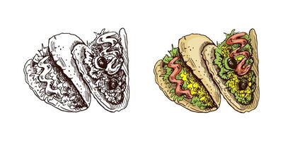 Hand-drawn colored and monochrome sketch of taco on white background. Fast food vintage illustration. Element for the design of labels, packaging and postcards vector