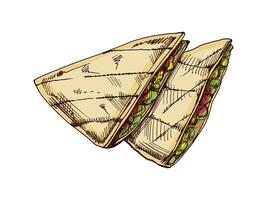 Hand-drawn colored sketch of quesadilla on white background. Fast food vintage illustration. Element for the design of labels, packaging and postcards vector