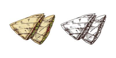 Hand-drawn colored and monochrome sketch of quesadilla on white background. Fast food vintage illustration. Element for the design of labels, packaging and postcards vector