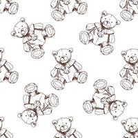 A hand-drawn ink seamless pattern of a vintage toy. Teddy bear toy. Outline on a white background, vintage r illustration. vector