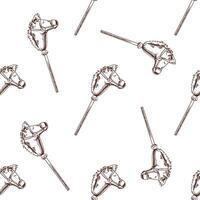 A hand-drawn ink seamless pattern of a vintage hobby horse. Retro toy. Outline on a white background, vintage illustration. Vintage sketch element for labels, packaging and cards design. vector