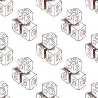 A hand-drawn ink seamless pattern of vintage wooden cubes. Outline on a white background, vintage illustration. Vintage sketch element for labels, packaging and cards design. vector