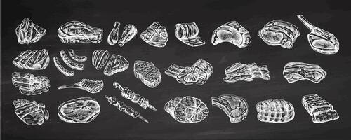 Set of hand-drawn monochrome sketches of different types of meat, steaks, chicken, kebabs, bacon, tenderloin, pork, beef, ham, barbecue. Vintage illustration on chalkboard background. vector