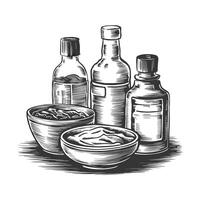 A drawing of a bowl of food and bottles of oil vector