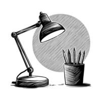 A black and white drawing of a desk lamp and pencils vector