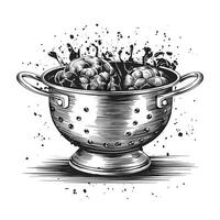 Black and white illustration of a colander with fruit in it vector