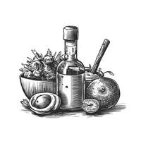 Hand drawn sketch of a bottle of oil and a bowl of fruit vector
