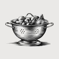 A black and white drawing of a colander with olives vector