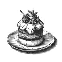 A black and white drawing of a cake on a plate vector