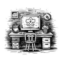 A drawing of a computer desk with a chair and a clock vector