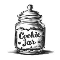 Cookie jar with cookie in it, hand drawn sketch illustration vector