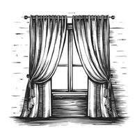 A black and white drawing of a window with curtains vector
