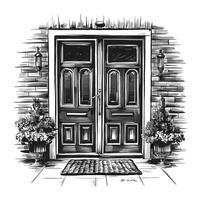 A drawing of a front door with flowers vector