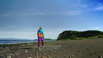 Woman Traveler Walking Alone On Shore Of Pacific Ocean In Kamchatka Peninsula, Back View video