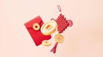 Chinese knot , floating Chinese coins, Red envelopes, Chinese new year, happy new year, Chinese style theme, 3d rendering. video