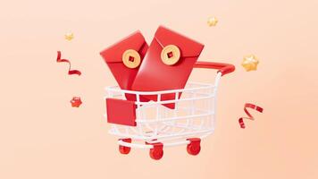 Red envelops in the shopping cart with flying ribbons, 3d rendering. video
