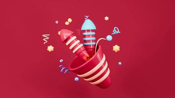 Cartoon firecracker and rocket with explosion confetti. Birthday surprise, holiday and event celebration, 3d rendering. video