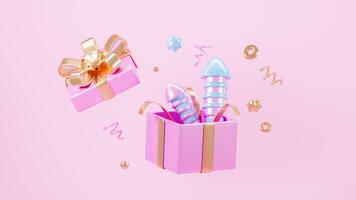 Cartoon firecracker and rocket with explosion confetti. Birthday surprise, holiday and event celebration, 3d rendering. video
