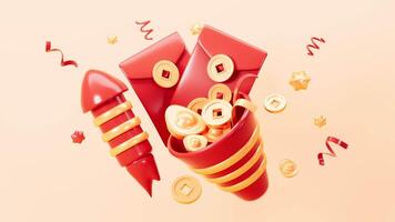 Chinese red envelopes with splashing coins, red firecracker and rocket, Chinese Spring Festival , happy new year, 3d rendering. video