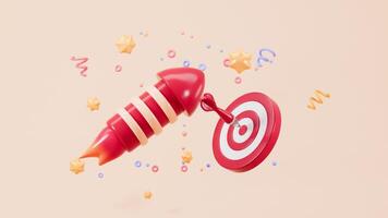 Cartoon firecracker and rocket with explosion confetti. Birthday surprise, holiday and event celebration, 3d rendering. video