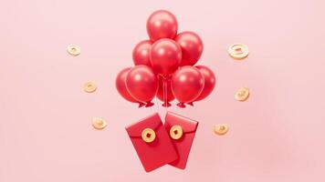 Red envelopes with balloons, splashing gold coins and ingots, marketing discount background, 3d rendering. video