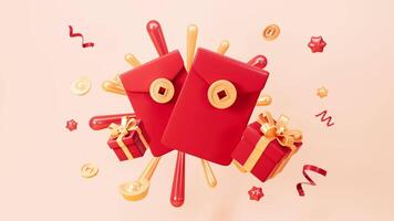 Red envelops with gifts, Chinese Spring Festival celebrating Lunar New Year, Happy Chinese New Year, 3d rendering. video