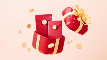 Red envelops with gifts, Chinese Spring Festival celebrating Lunar New Year, Happy Chinese New Year, 3d rendering. video