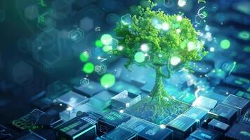 A vibrant tree emerges from a circuit board, symbolizing the fusion of nature and technology in a digital world. video
