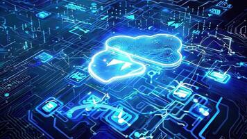 Futuristic digital cloud on a circuit board, symbolizing technology and data storage innovation in blue and black tones. video