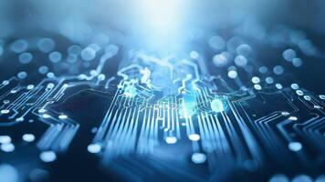 A close-up view of a blue circuit board with intricate patterns, showcasing modern technology and digital innovation. video