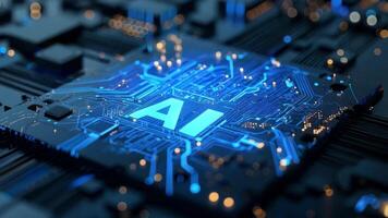 Close-up of a circuit board with glowing AI letters, symbolizing advanced technology and artificial intelligence innovation. video