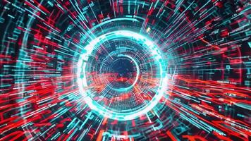 trogen abstrakt design skildrar en dynamisk energi tunnel med ljus blå och röd lampor skapande en känsla av rörelse. video