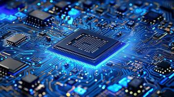 Futuristic microchip design with glowing circuits and processors, representing advanced technology and digital innovation. video