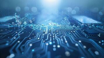 Abstract technology background with glowing circuit board details and shimmering lights, showcasing innovation and digital connections. video