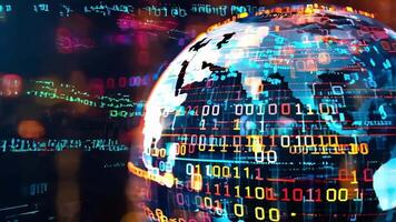 Digital world connected by binary code, symbolizing technology and data in a modern global network. video