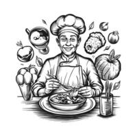 Chef with food and vegetables in hand drawn style vector