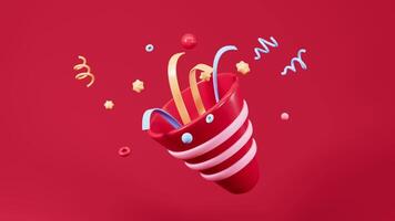 Cartoon firecracker and ribbons with explosion confetti. Birthday surprise, holiday and event celebration, 3d rendering. video