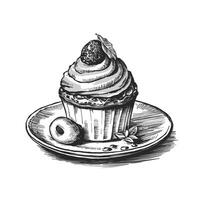 A black and white drawing of a cupcake with cream and berries vector